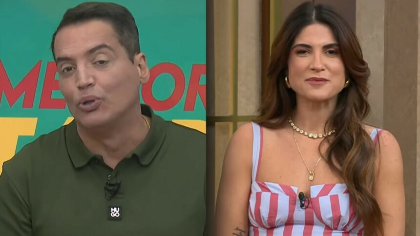 Montagem de Leo Dias, com camisa polo verde, e Pâmela Lucciola, com blusa listrada. Imagens do programa de fofocas Melhor da Tarde.
