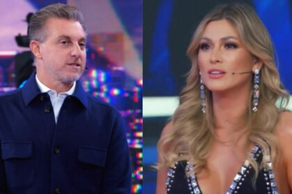 Luciano Huck e Livia Andrade em uma montagem no cenário do Domingão