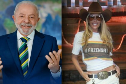 Montagem de fotos: o presidente Lula, de terno, sorrindo e gesticulando; e a apresentadora Adriane Galisteu, com chapéu de caubói e a camiseta de A Fazenda.