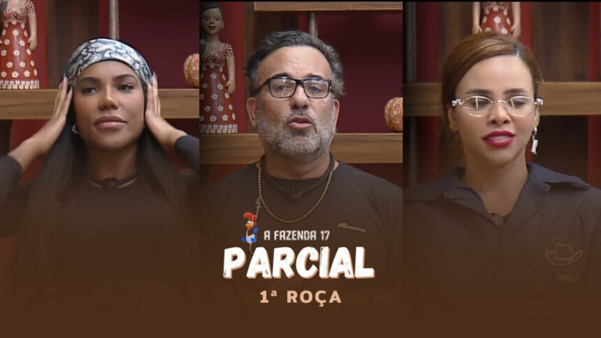 Carol Lekker, Fabiano e Gabily no canto da sala pedindo votos para ficarem na 1ª Roça de A Fazenda 17