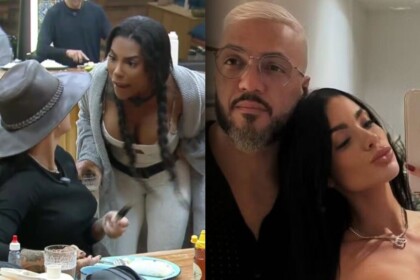Uma montagem com duas fotos. Na foto da esquerda, a participante Rayane, de chapéu de caubói marrom, está em uma discussão com a participante Carol, de blusa de moletom cinza, na cozinha de A Fazenda. Na foto da direita, a mesma Rayane, com o cabelo solto, faz um bico para a câmera em uma selfie com o cantor Belo, que está de barba e cabelo grisalhos.