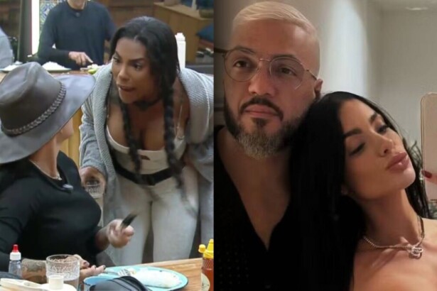 Uma montagem com duas fotos. Na foto da esquerda, a participante Rayane, de chapéu de caubói marrom, está em uma discussão com a participante Carol, de blusa de moletom cinza, na cozinha de A Fazenda. Na foto da direita, a mesma Rayane, com o cabelo solto, faz um bico para a câmera em uma selfie com o cantor Belo, que está de barba e cabelo grisalhos.