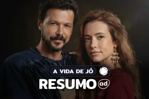 Protagonistas da série abraçados na arte do resumo de A Vida de Jó