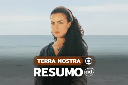 Giuliana em pé olhando para o horizonte. Ao fundo um mar na arte do resumo de Terra Nostra