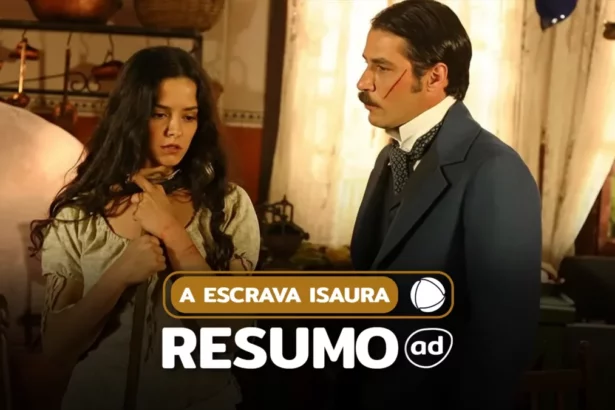 Leôncio olha para Isaura que está acorrentada e olhando para baixo em uma cozinha na arte do resumo de A Escrava Isaura