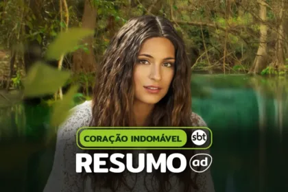 Protagonista da novela em frente a um rio com águas verdes e uma mata, na arte do resumo de Coração Indomável
