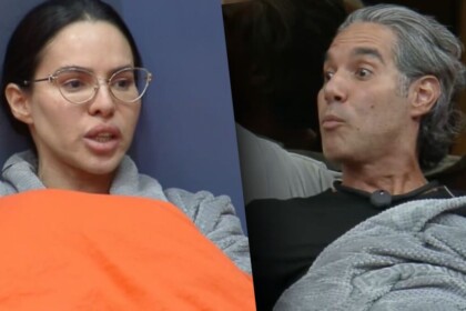 Uma montagem com duas fotos do programa A Fazenda 17. Na foto da esquerda, a participante Tamires, de óculos e roupão claro, fala intensamente em uma cama. Na foto da direita, o participante Fernando Sampaio, de cabelo grisalho e tiara, parece chocado enquanto ouve.