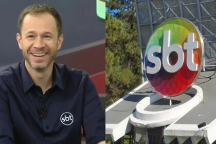 Tiago Leifert sorridente em uma montagem logo do SBT na fachada da sede da emissora