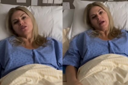 Montagem de duas fotos da socialite Val Marchiori, deitada em um leito de hospital, vestindo uma bata azul clara e olhando para a câmera.