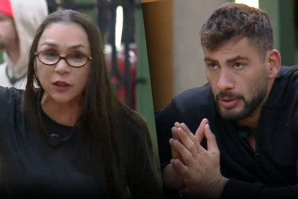 Montagem de Yoná gesticulando em meio a uma discussão e Nizam sério e com as mãos juntas, em uma cena da "treta" do reality show A Fazenda.