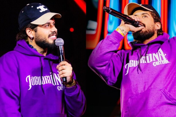 Montagem do cantor Zé Felipe em um show. Ele usa um boné e um moletom roxo com o nome da Ana Castela, segurando o microfone e cantando.
