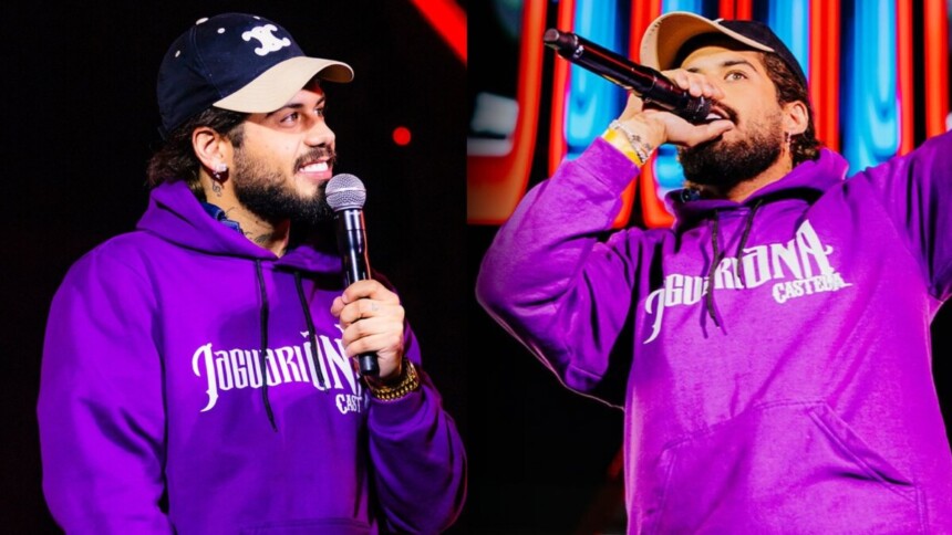 Montagem do cantor Zé Felipe em um show. Ele usa um boné e um moletom roxo com o nome da Ana Castela, segurando o microfone e cantando.