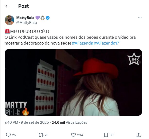 Post de Matty Bala Central Reality sobre suposta lista vazada de A Fazenda 