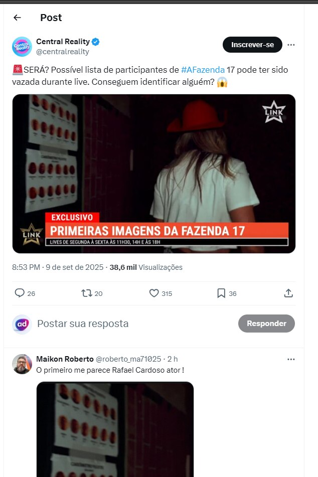 Post do Central Reality sobre suposta lista vazada de A Fazenda 17