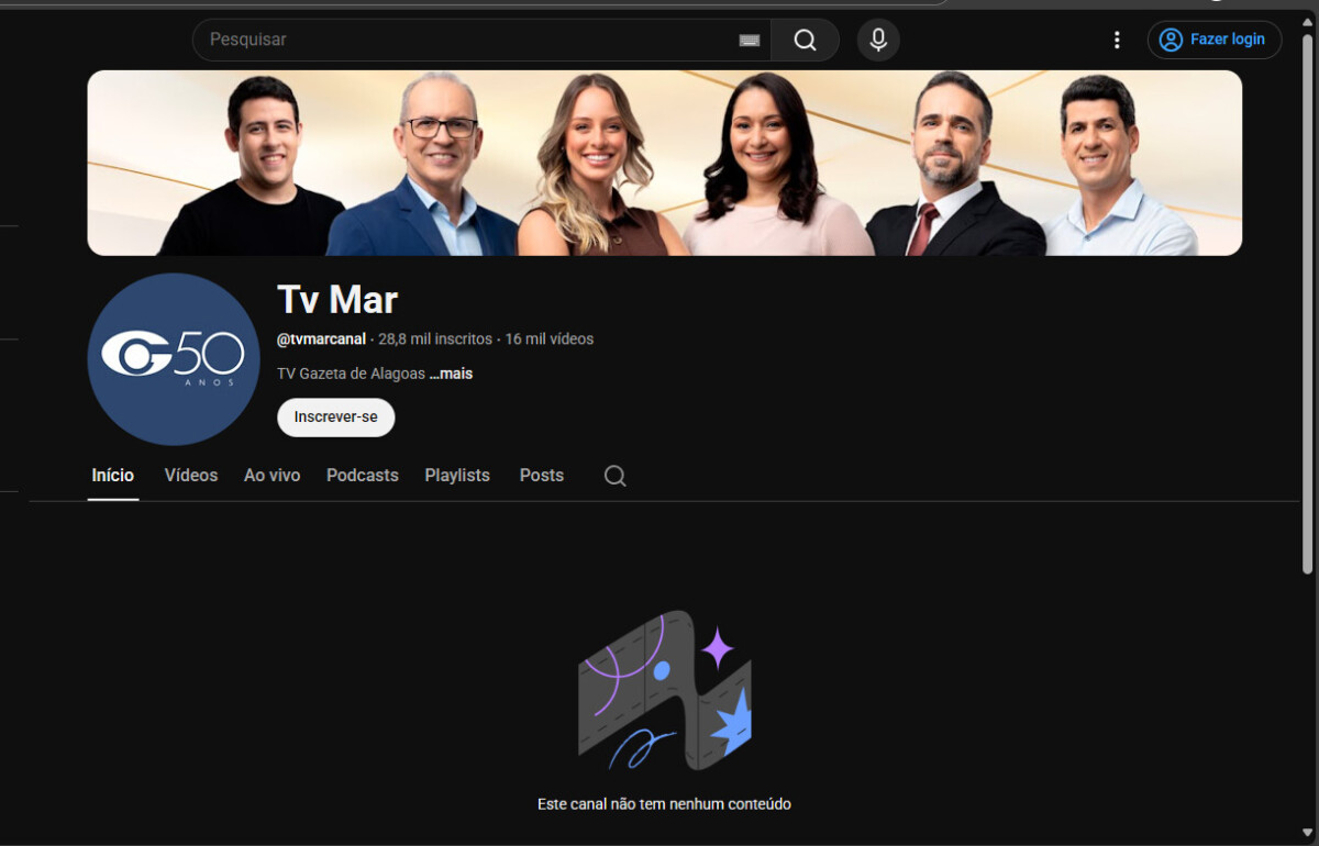 Interface do canal da TV Mar no Youtube com o logo da TV Gazeta Alagoas e os apresentadores da emissora na capa