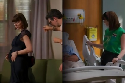Alice Wegmann, a intérprete de Solange, caminha segurando a barriga de grávida. Na outra cena aparece no hospital sem a barriga em cenas de Vale Tudo
