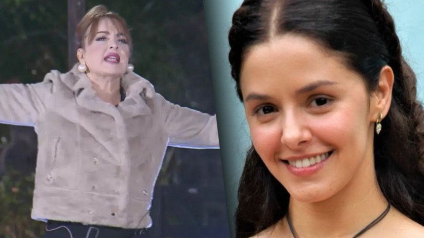 Gaby com braços abertos falando de A Escrava Isaura no Ferra Peão de A Fazenda 17