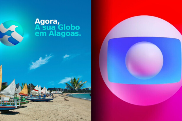 Logo da TV Asa Branca em uma arte com uma paisagem de praia de Alagoas. Ao lado, o logo da TV Globo