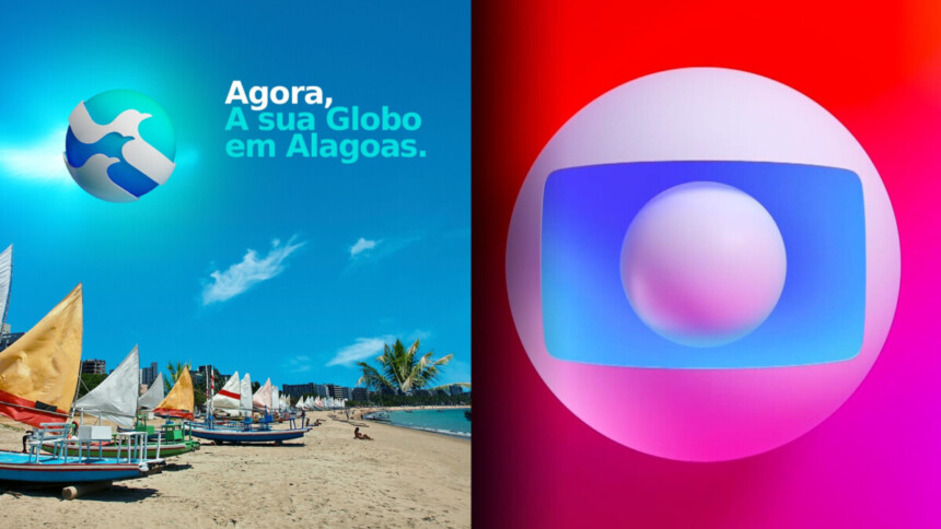 Logo da TV Asa Branca em uma arte com uma paisagem de praia de Alagoas. Ao lado, o logo da TV Globo