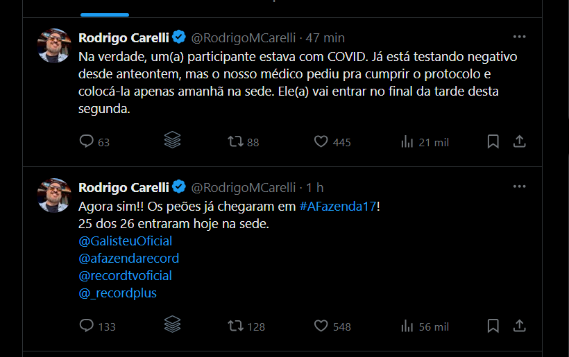 Rodrigo Carelli em prints no X falando que um dos peões não entrou na sede de A Fazenda 17 ainda por conta de protocolo da covid-19