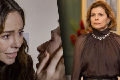 Heleninha olha para Leonardo desesperada. Montagem divide tela com Odete Roitmann completamente surpresa em cena de Vale Tudo