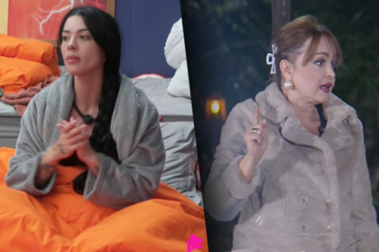 Rayane sentado na casa junto com o Grupão detonando Gaby Spanic. Segunda imagem: a intérprete de A Usurpadora discursa no Ferra Peão