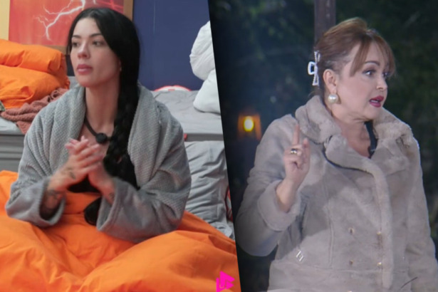Rayane sentado na casa junto com o Grupão detonando Gaby Spanic. Segunda imagem: a intérprete de A Usurpadora discursa no Ferra Peão