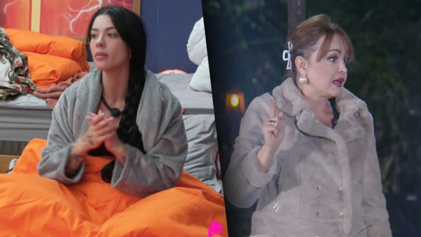 Rayane sentado na casa junto com o Grupão detonando Gaby Spanic. Segunda imagem: a intérprete de A Usurpadora discursa no Ferra Peão