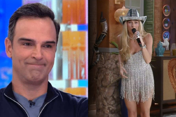 Tadeu Schmidt com semblante triste no cenário do BBB 26 x Adriane Galisteu no cenário de A Fazenda 16