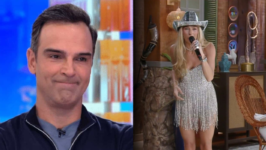 Tadeu Schmidt com semblante triste no cenário do BBB 26 x Adriane Galisteu no cenário de A Fazenda 16