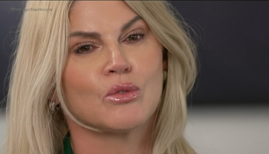 Rosto de Val Marchiori com os olhos cheios de lágrimas em entrevista ao Domingo Espetacular