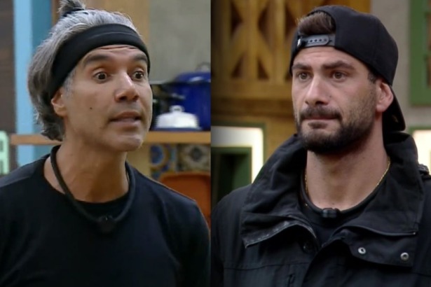 Fernando e Nizam em uma montagem com trecho de treta em A Fazenda