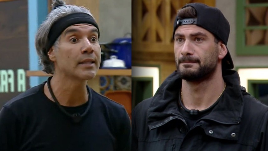 Fernando e Nizam em uma montagem com trecho de treta em A Fazenda