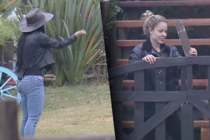 Rayane e Saory em uma montagem com trechos da treta em A Fazenda