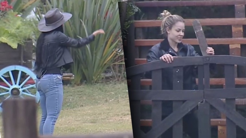 Rayane e Saory em uma montagem com trechos da treta em A Fazenda