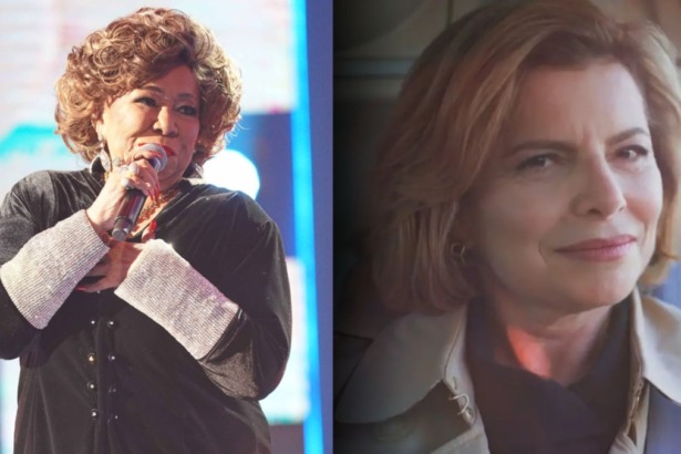Montagem de duas personalidades. À esquerda, a cantora Alcione em um palco, com blusa preta e punhos brilhantes, segurando um microfone. À direita, a atriz Debora Bloch, caracterizada como Odete Roitman na novela "Vale Tudo", usando um sobretudo e com um sorriso de canto.