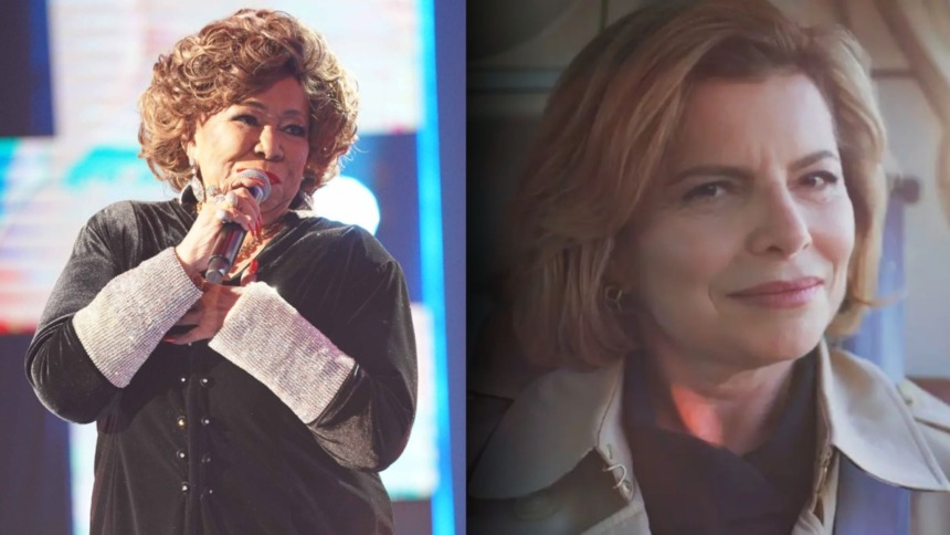 Montagem de duas personalidades. À esquerda, a cantora Alcione em um palco, com blusa preta e punhos brilhantes, segurando um microfone. À direita, a atriz Debora Bloch, caracterizada como Odete Roitman na novela "Vale Tudo", usando um sobretudo e com um sorriso de canto.