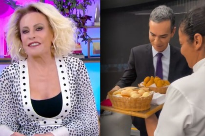 Ana Maria Braga no Mais Você e Cesar Tralli recebendo coxinhas no JH em uma montagem