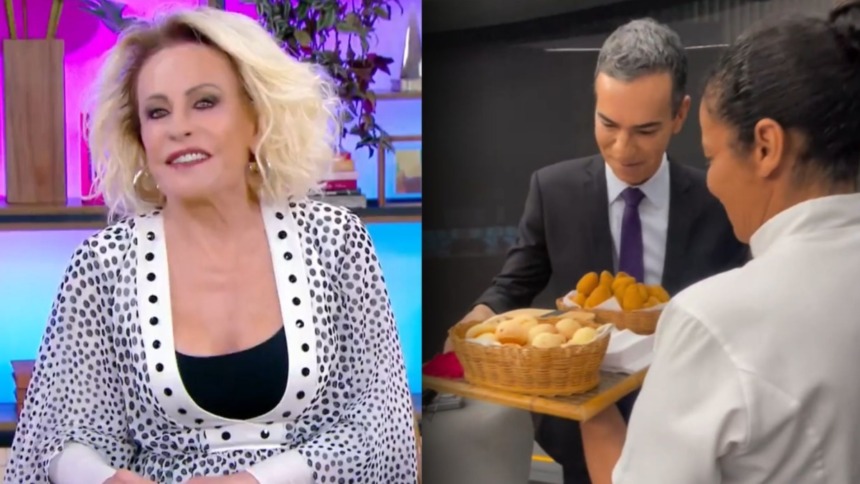Ana Maria Braga no Mais Você e Cesar Tralli recebendo coxinhas no JH em uma montagem