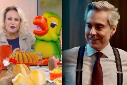 Ana Maria Braga e Louro Mané no Mais Você, em montagem com Alexandre Nero vivendo Marco Aurélio em cena de Vale Tudo