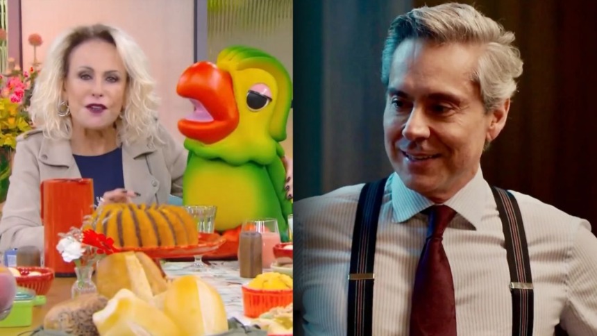 Ana Maria Braga e Louro Mané no Mais Você, em montagem com Alexandre Nero vivendo Marco Aurélio em cena de Vale Tudo