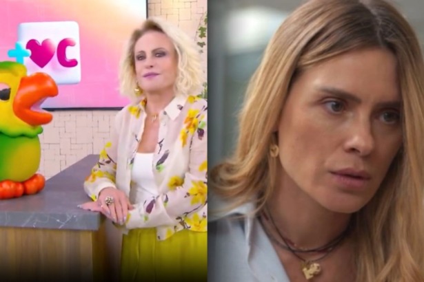 Ana Maria Braga e Louro Mané no Mais Você, em montagem com Carolina Dieckmann vivendo Leila em cena de Vale Tudo