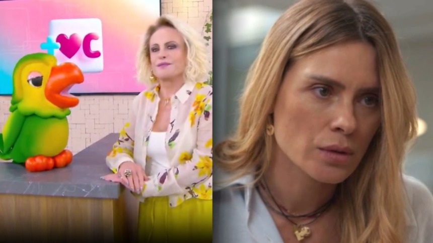 Ana Maria Braga e Louro Mané no Mais Você, em montagem com Carolina Dieckmann vivendo Leila em cena de Vale Tudo