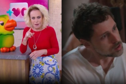 Ana Maria Braga e Louro Mané no Mais Você, em montagem com Guilherme Magon vivendo Leonardo em cena de Vale Tudo