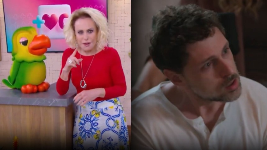 Ana Maria Braga e Louro Mané no Mais Você, em montagem com Guilherme Magon vivendo Leonardo em cena de Vale Tudo