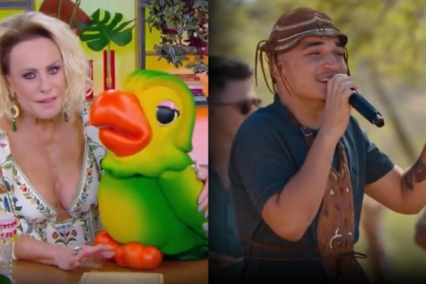 Ana Maria Braga e Louro Mané no Mais Você, em montagem com o cantor João Gomes
