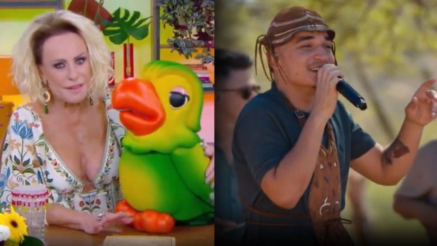 Ana Maria Braga e Louro Mané no Mais Você, em montagem com o cantor João Gomes