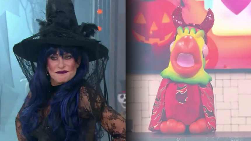 Ana Maria Braga de vestido preto e cabelo azul de bruxa ao lado do Louro Mané vestido de diabinho no cenário od Mais Você