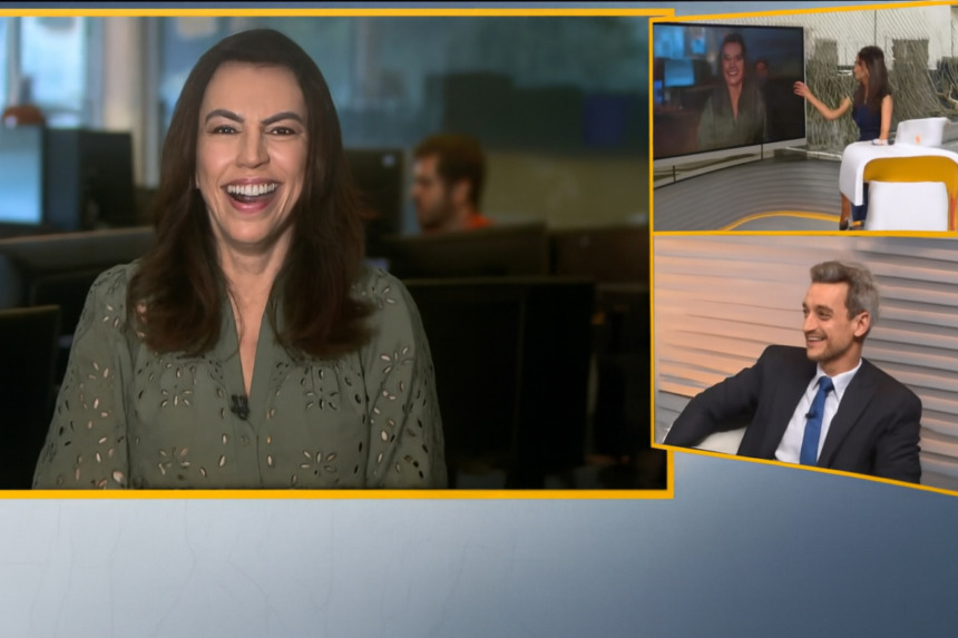 Ana Paula Araújo, Tiago Scheuer e Sabina Simonato dividindo tela no Bom Dia SP e especulando sobre a morde de Odete em Vale Tudo