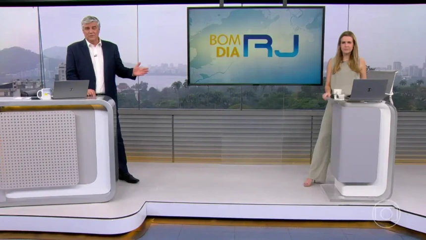 Flavio Fachel e Silvana Ramiro no centro do cenário do Bom Dia RJ